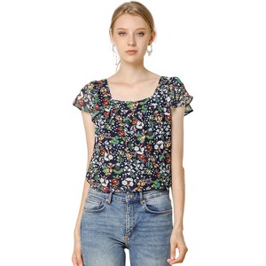 INSPIRE CHIC Women's Chiffon Ruffle Sleeve Square Neck Floral Print Blouse - 1 of 4