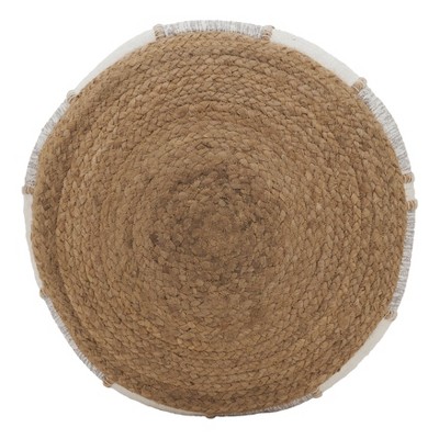 Natural Jute and Cotton Round Woven Pouf, 24"x16"