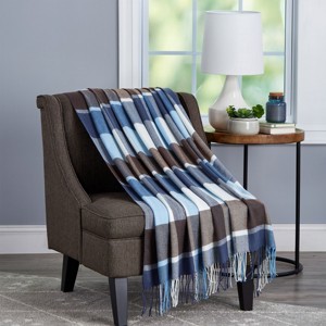 Hastings Home Oversized Vintage-Style Faux Cashmere Throw Blanket - Blue/Brown Plaid - 1 of 4
