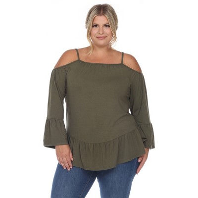 Plus Size Cold Shoulder Ruffle Sleeve Top -White Mark