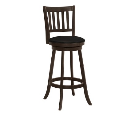 HomeRoots Set of Two 29" Black and Espresso Faux Leather and Solid Wood Bar Height Swivel Bar Chairs