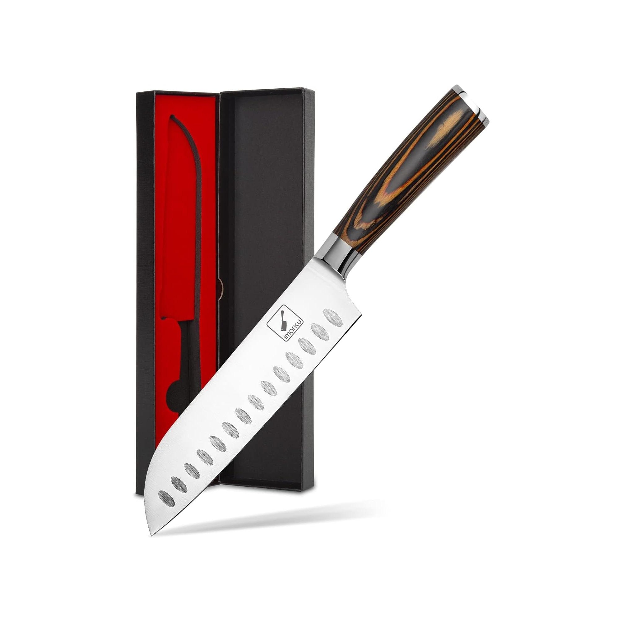 imarku Santoku Knife, 7 in Kitchen Knife Ultra Sharp Cooking Knife German HC Stainless Steel, Ergonomic Pakkawood Handle, Orange, Kitchen Essentials