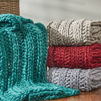 Beige Chunky Ribbed Knit Cotton Throw Blanket