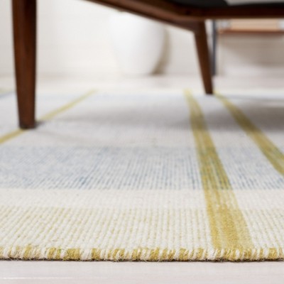 Beige and Teal Striped Wool Kilim Runner Rug