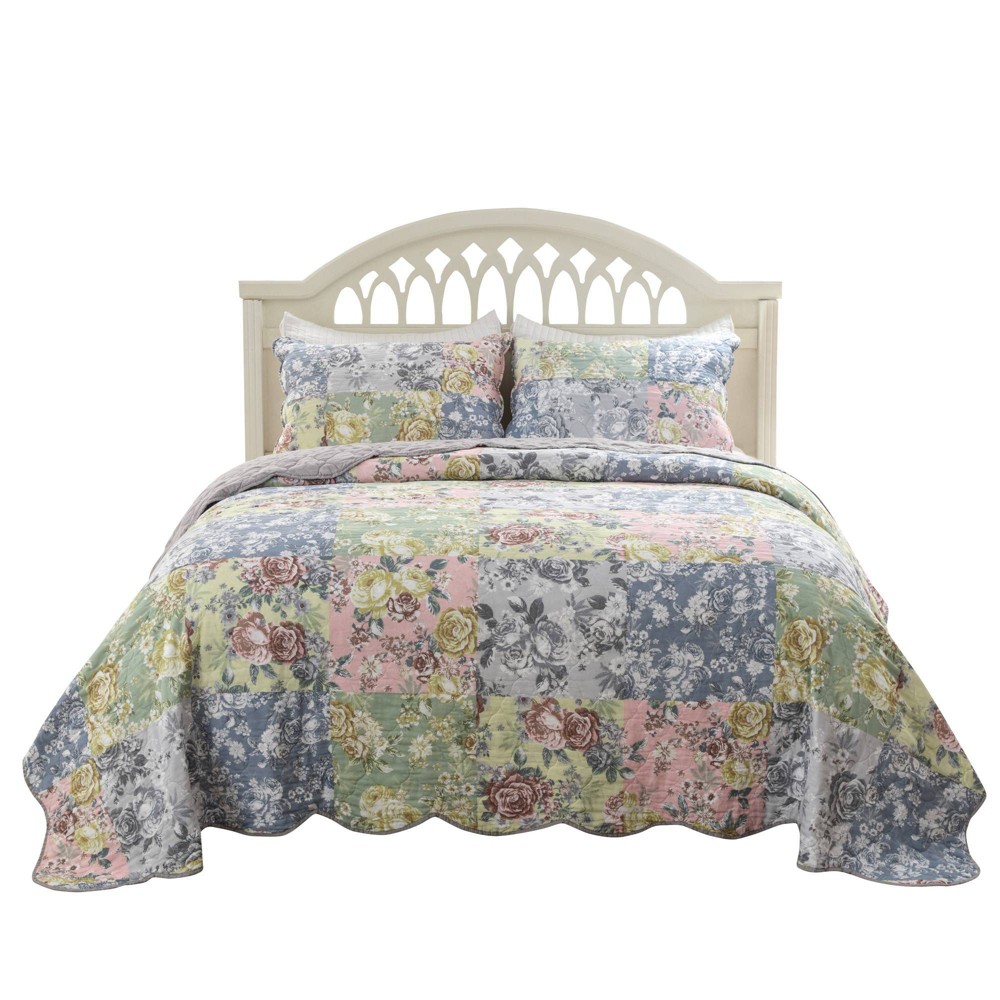 Greenland Home Fashions Emma Traditional Floral Print 3 Piece Quilt Set, King/California King