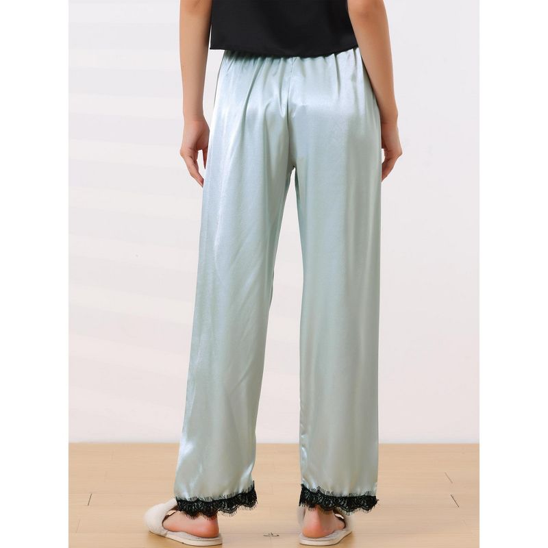 cheibear Women's Satin Elastic Wide-leg Lace Trim Loungewear Long Sleep Pants, 3 of 6