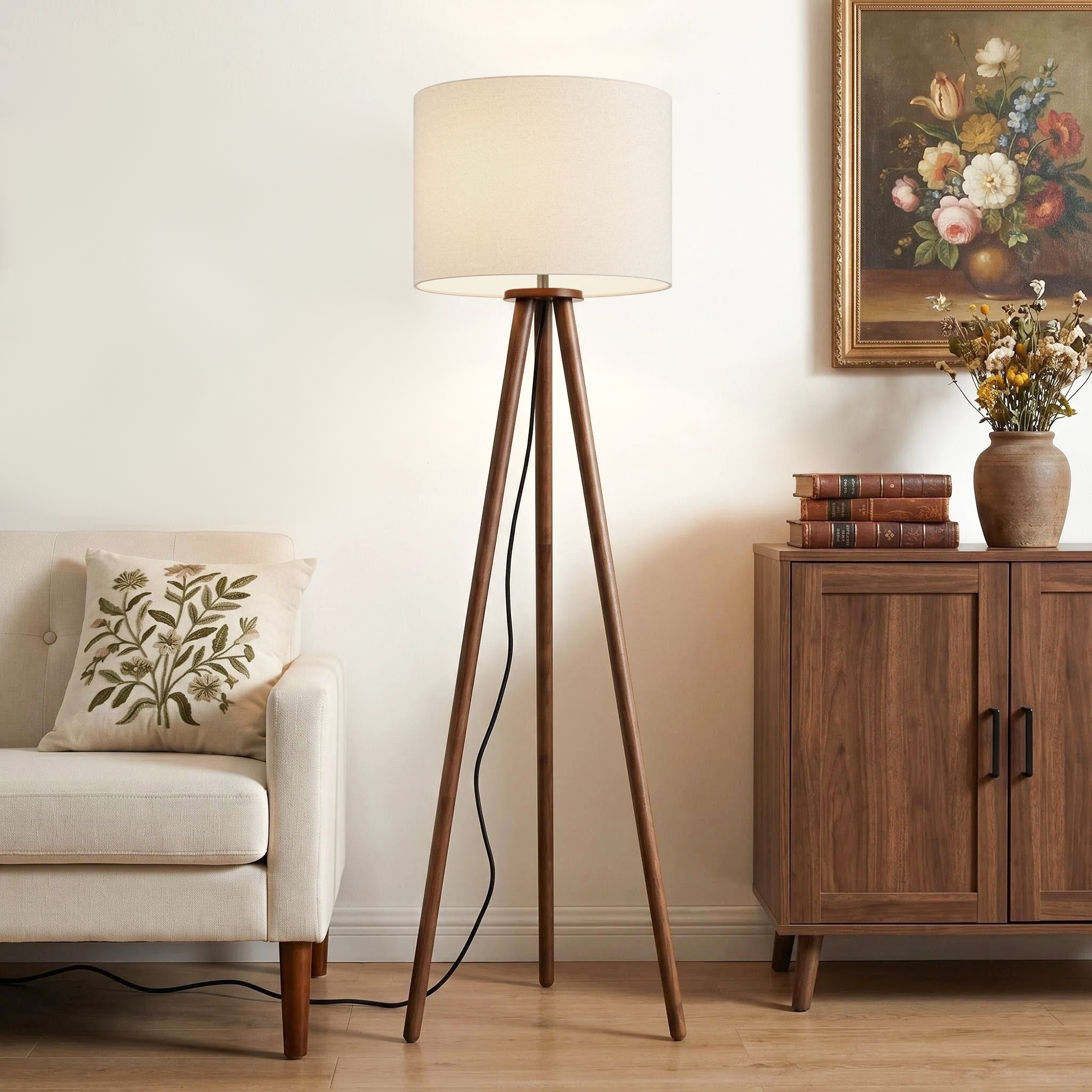 60.5" Natural Wood Tripod Floor Lamp (Cream)