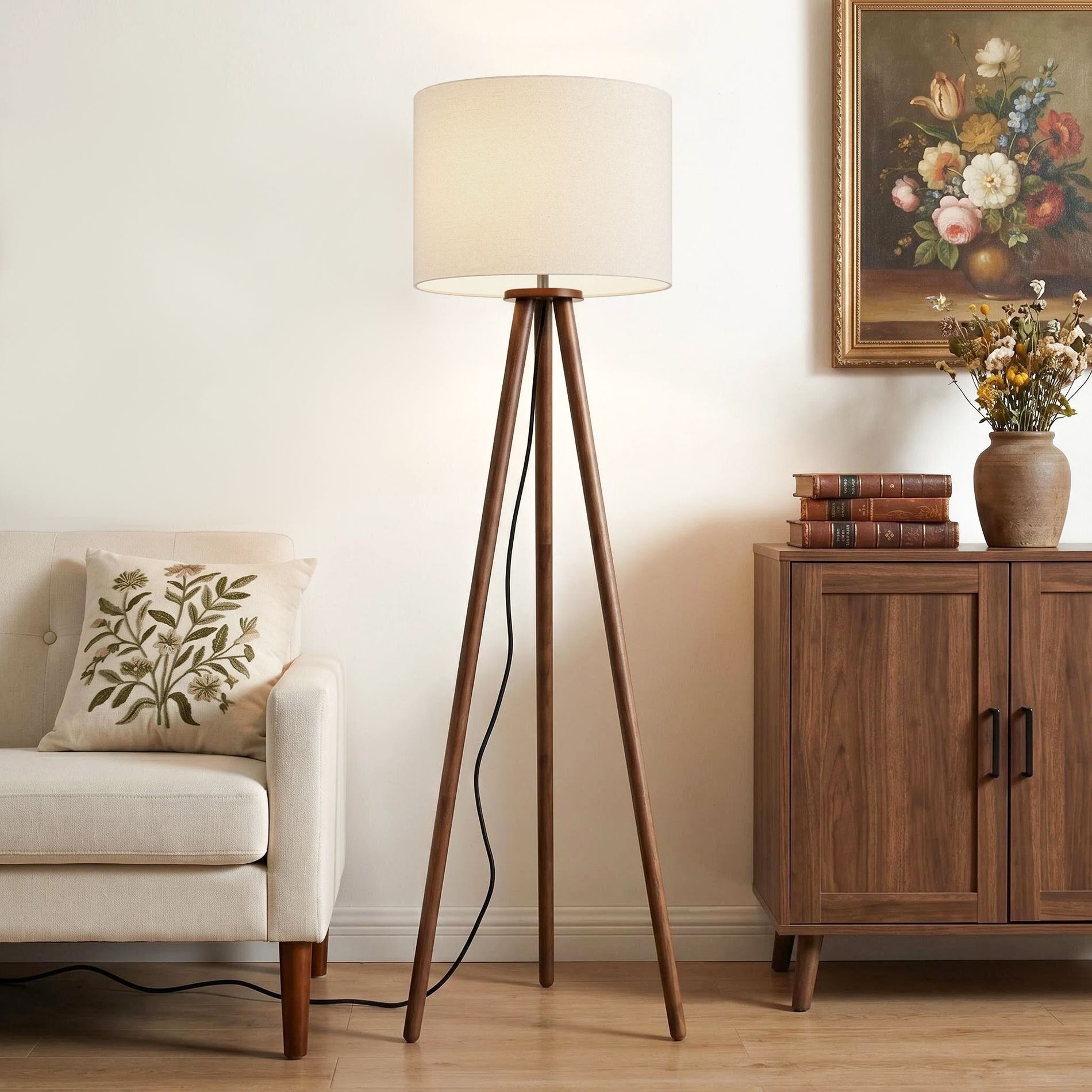 60.5" Natural Wood Tripod Floor Lamp, Nordic Style with White Linen Shade for Bedroom, Living Room, Study, Reading Room & Office
