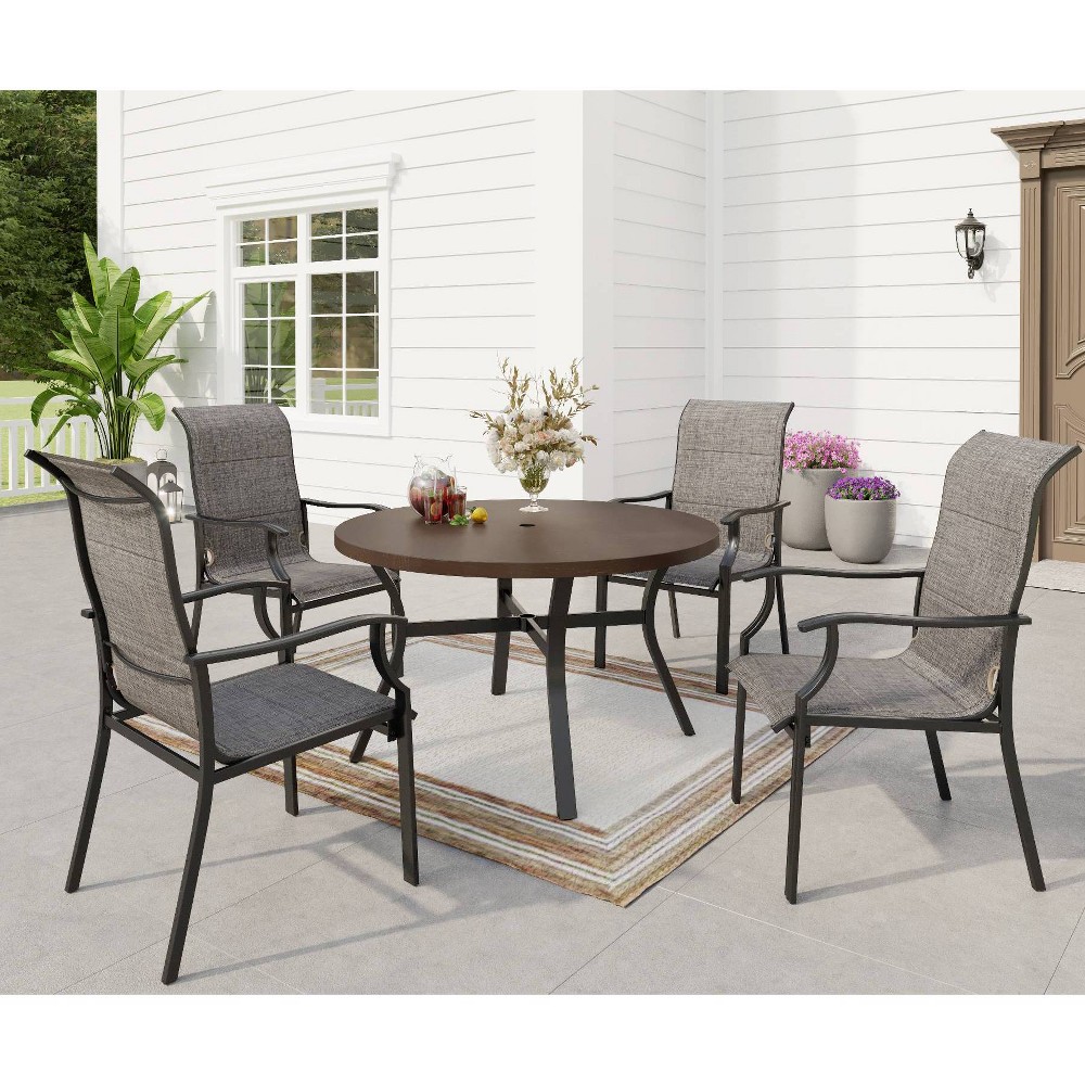 Photos - Garden Furniture 5pc Patio Set with Wood Grain Tabletop with 2" Umbrella Hole & Padded Arm