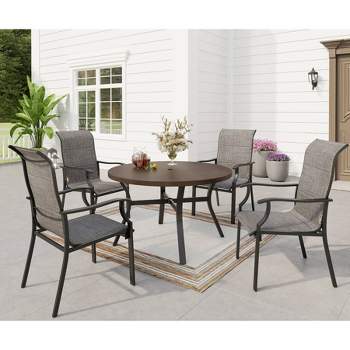 5pc Patio Set with Wood Grain Tabletop with 2" Umbrella Hole & Padded Arm Chairs - Captiva Designs