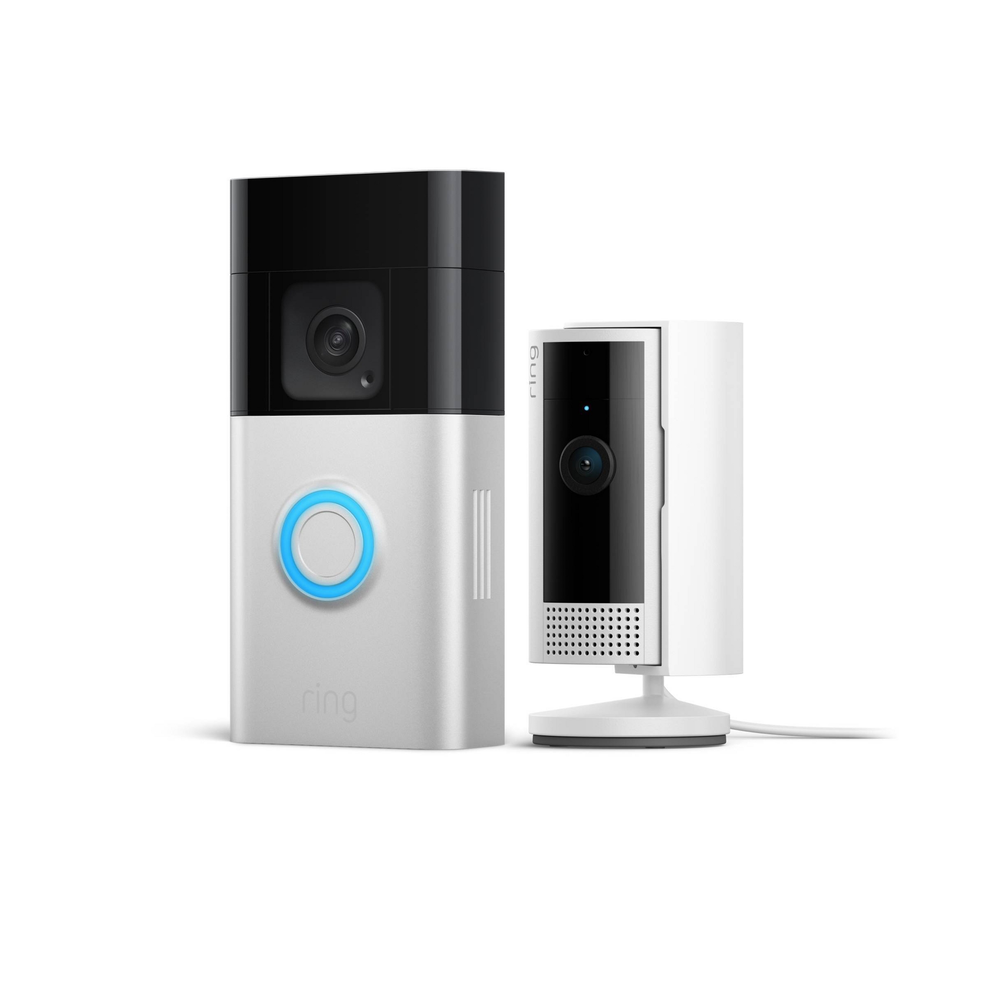 Ring Essential Security Set with Battery Doorbell Plus and Indoor Cam - Satin Nickel and White: Motion Activated, Controlled by Smartphone App