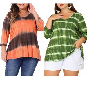 Women's Plus Size 2 Pieces Tie Dye Side Slit 3/4 Sleeve V Neck Casual Stripe Blouse - Agnes Orinda - 1 of 4