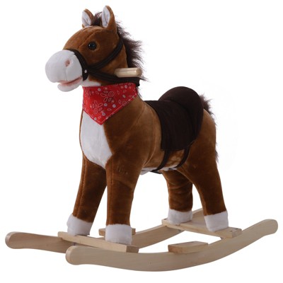 Qaba Kids Plush Toy Rocking Horse Ride on with Realistic Sounds with Red Scarf
