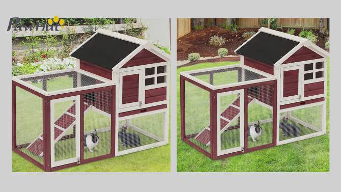 PawHut 48" Wooden Rabbit Hutch Bunny Cage with Waterproof Asphalt Roof, Fun Outdoor Run, Removable Tray and Ramp, 2 of 9, play video