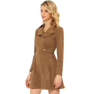 Allegra K Women's Faux Suede Lapel Collar Zip Up Long Sleeve A-Line Mini Dress