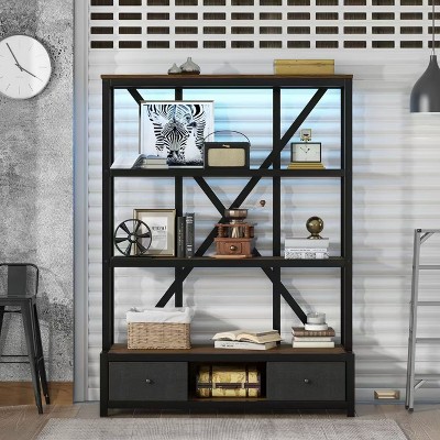 NicBex Industrial Style Metal Bookshelf Multifunctional Bookcase with LED & Drawers & Shelves,Books Storage Cabinet Organizer for Office,Bedroom