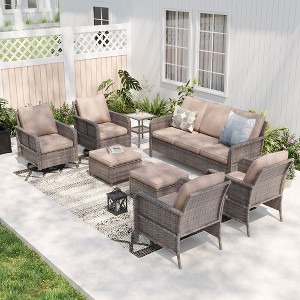 Sonkuki 8 Pieces Patio Sofa with Swivel Rocking Chairs Set, All-Weather PE Rattan Conversation Couch with Cushion - 1 of 4