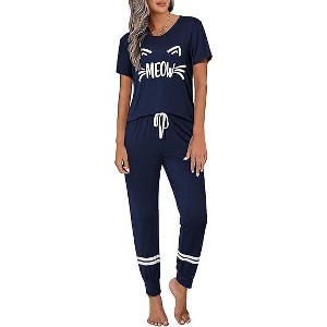 Ekouaer Womens Pajamas Set 2 Piece Lounge Pj Set Short Sleeve Sleepwear Tops with Joggers Pants Loungewear Print Nightwear - 1 of 4