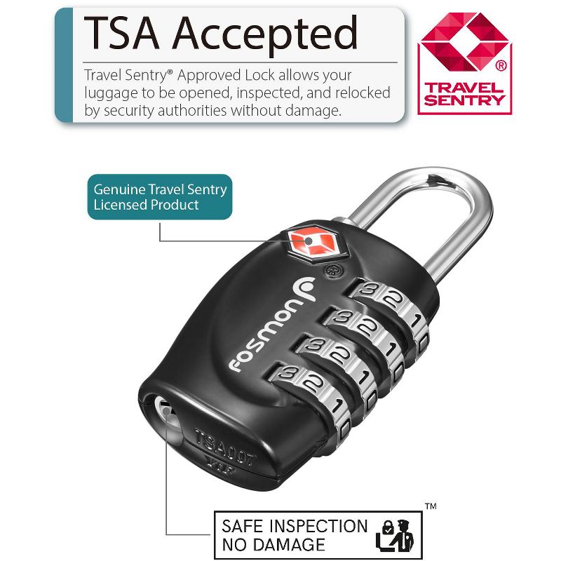 Fosmon TSA Accepted Luggage Lock with 4-Digit Combination - Black, 3 of 6