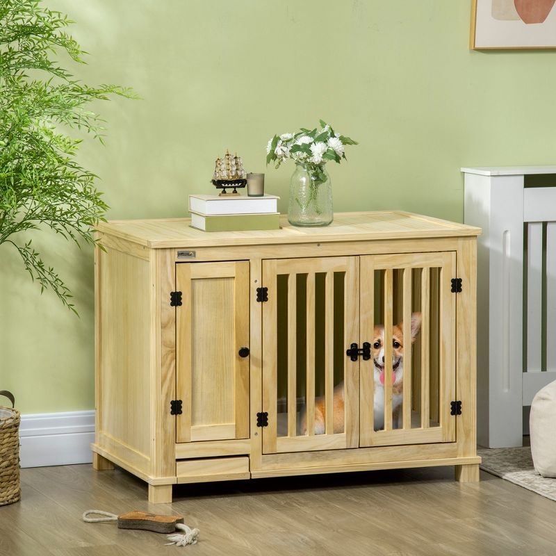 PawHut Small Dog Crate Furniture with Cabinet & Cushion, Wooden Dog Crate End Table with Food Bowl in Drawer, Indoor Dog Kennel Furniture Bed, Natural, 4 of 8