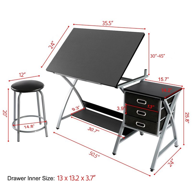 Yaheetech Adjustable Drafting Table Drawing Station Black, 3 of 11