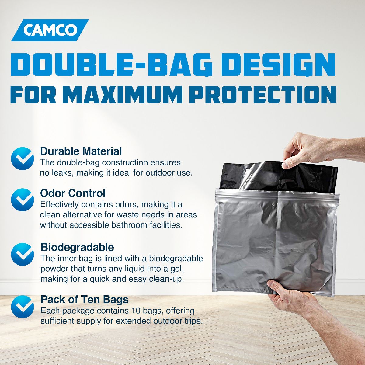 Camco Leak Proof Double Lined Camping Toilet Waste Bags, Travel Bucket Potty Bags for Camping, Hunting, & Outdoor Activities 10 Pack - thumbnail 7
