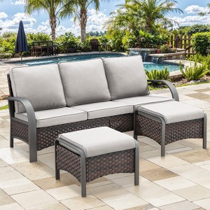 Buenhomino 3-Piece Patio Conversation Set, Outdoor Furniture Wicker Patio Set Includes 3-Seat Sofa and 2 Ottomans - 1 of 4