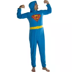 DC Comics Mens' Superman Superhero Character Hooded Union Suit Footless Pajamas Costume (Superman, S/M) Blue