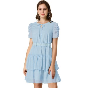 Allegra K Women's Swiss Dots Ruched Short Sleeve Elastic Waist Layer Ruffle Hem Dress - 1 of 4