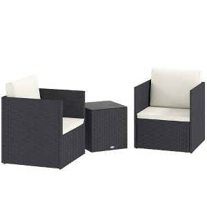 Folding Wicker Bistro Set, 3 Piece Patio Furniture Set with Cushions and Glass Coffee Table for Porch, Balcony - 1 of 4