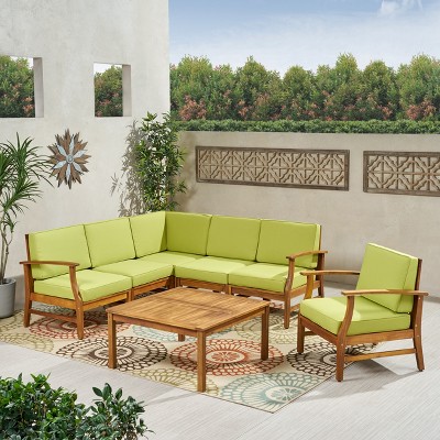 Green and Teak Acacia Wood 6-Person Outdoor Sectional Sofa Set