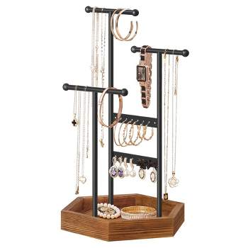 SONGMICS Jewelry Holder Jewelry Organizer 4 Independent Zones Jewelry Display Stand Necklace Earring Bracelet Holder Black and Caramel Brown