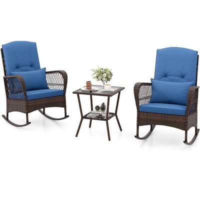 Tangkula 3 Piece Patio Rocker Set Outdoor Wicker Rocking Chairs with Double-Layer Coffee Table Rattan Rocker Chair Set with Seat Back Cushions & Pillows Beige/Gray/Blue/Red