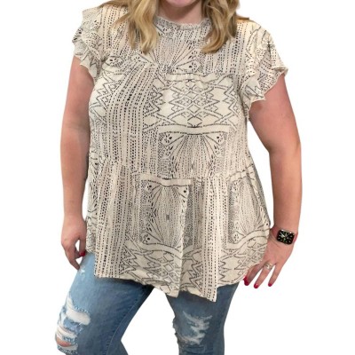 Women's Abstract Ruffle Sleeve Top - Jodifl