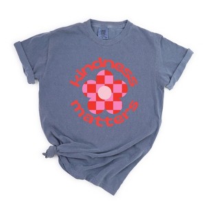 Simply Sage Market Women's Kindness Matters Checkered Flower Short Sleeve Garment Dyed Tee - 1 of 2