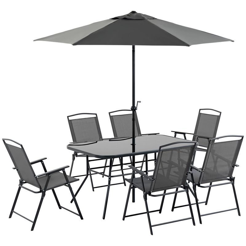 Outsunny 8 Piece Patio Dining Set with Table Umbrella, 6 Folding Chairs and Rectangle Dining Table, Outdoor Patio Furniture Set, 4 of 7