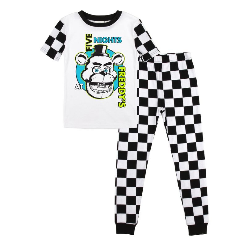 Five Nights At Freddy's Freddy Fazbear Face Youth Boy's Black & White Checkered Short Sleeve Shirt & Sleep Pants Set, 1 of 5