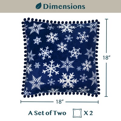 Snowflake Blue Velvet Pom Pom Throw Pillow Covers, 18x18, Set of 2
