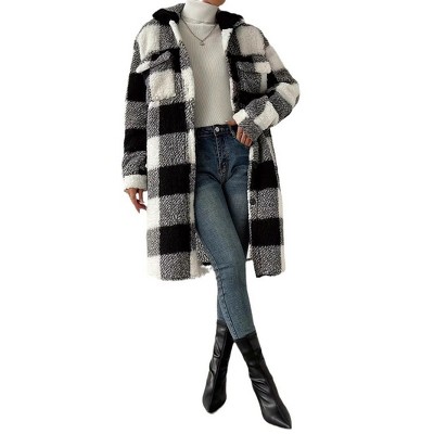 Coolmee Women's Long Flannel Plaid Jacket Shacket Cozy Lapel Button Down Shirt Jacket Fuzzy Trench Coat
