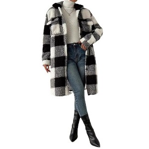 Coolmee Women's Long Flannel Plaid Jacket Shacket Cozy Lapel Button Down Shirt Jacket Fuzzy Trench Coat - 1 of 4