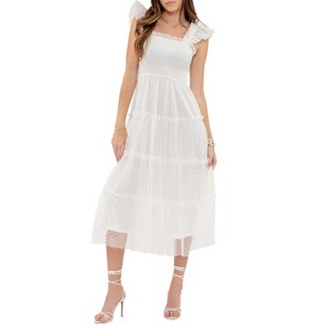 August Sky Women's Polka Dot Mesh Tiered Midi Dress - 1 of 4
