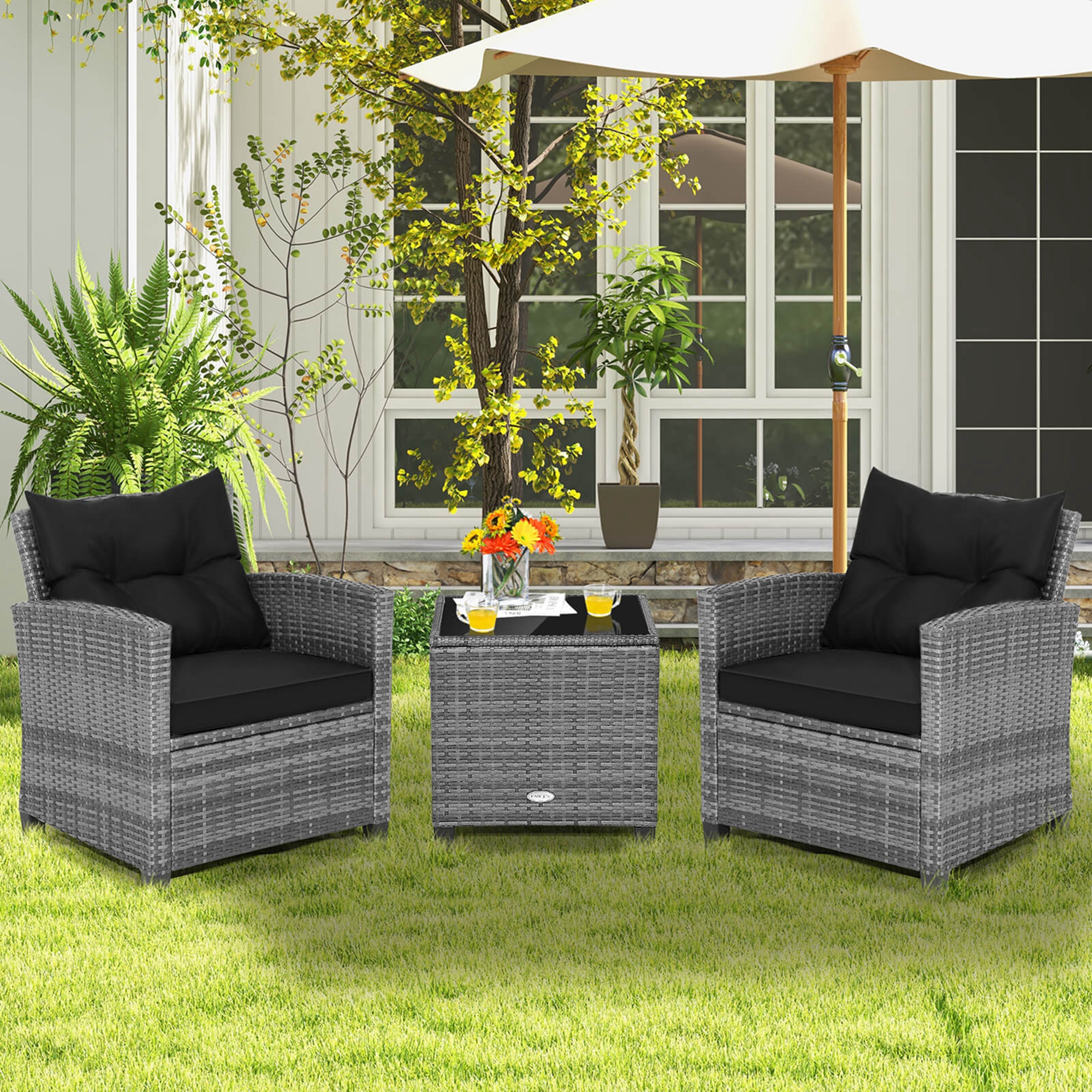 Costway 3 PCS Patio Rattan Furniture Bistro Set Cushioned Sofas Side Table Armrest Black