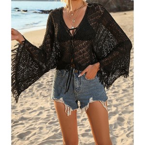 Women's Hollow Out Swimwear Cover Up Fringe V Neck Bell sleeves Crochet Tassel Swimsuit Bathing Suit Beach - 1 of 4