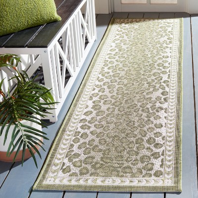 Light Green and Ivory Synthetic Indoor/Outdoor Runner Rug