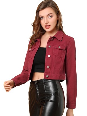 Allegra K Women's Solid Cropped Button-Down Plaid Cuffs Jean Jacket with Pockets