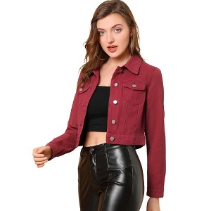 Allegra K Women's Solid Cropped Button-Down Plaid Cuffs Jean Jacket with Pockets - 1 of 4