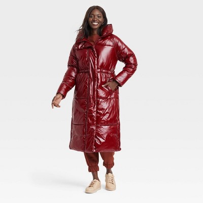 Women's Duvet Wet Look Puffer Jacket - A New Day™ Berry XS