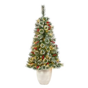 Nearly Natural 4.1 Frosted Swiss Pine Prelit LED Artificial Christmas Tree with Berries in White Planter - 1 of 1