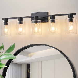 POWLIG 35-in 5-Light Black Modern Dimmable Bathroom Vanity Light with Cylindrical Glass Shade - 1 of 4