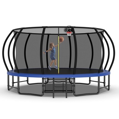 Whisen Outdoor Pumpkin Trampoline with Safety Enclosure Net, Foam Padded Poles, W-Shaped Legs, Balance Bars